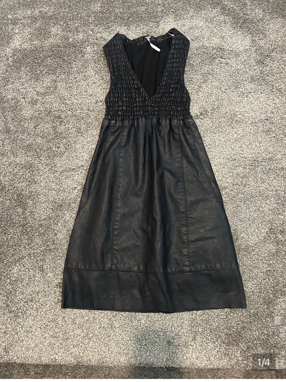 Free People Black Smocked Faux Leather Midi Dress